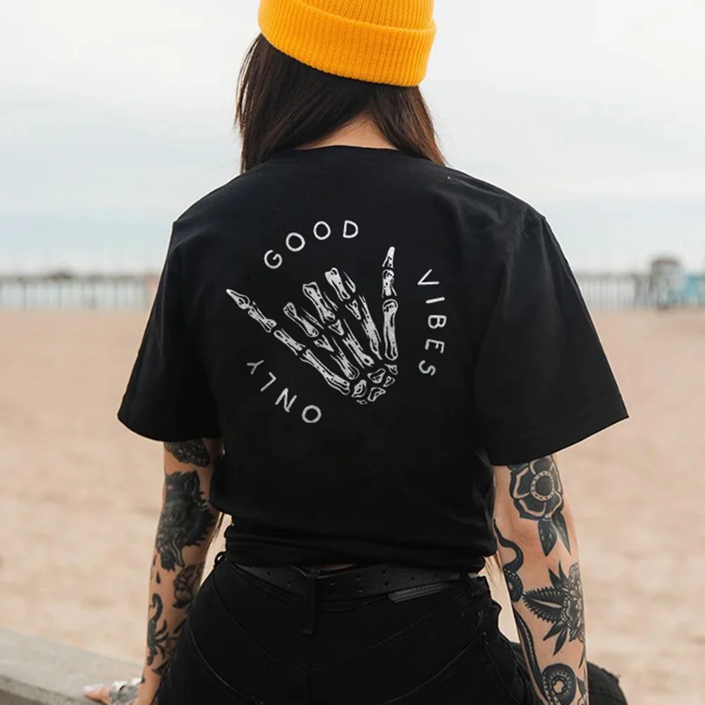 ONLY GOOD VIBES AND SKULL HAND PRINTED WOMEN'S T-SHIRT