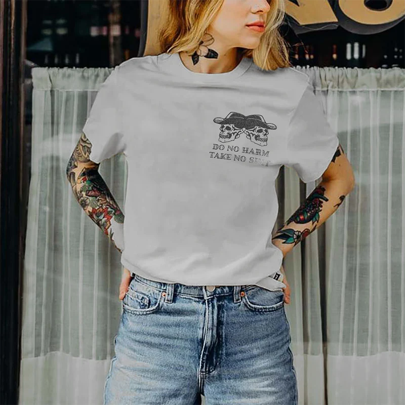 DO NO HARM TAKE NO SHIT SKULL PRINTED T-SHIRT