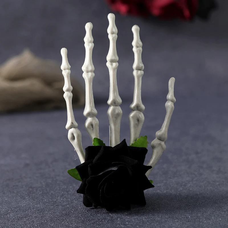 HALLOWEEN ROSE SKULL HAND HAIR CLIP