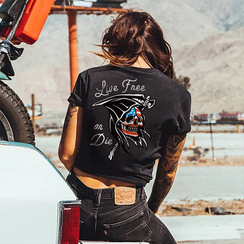 LIVE FREE OR DIE PRINTED SKELETON T-SHIRT