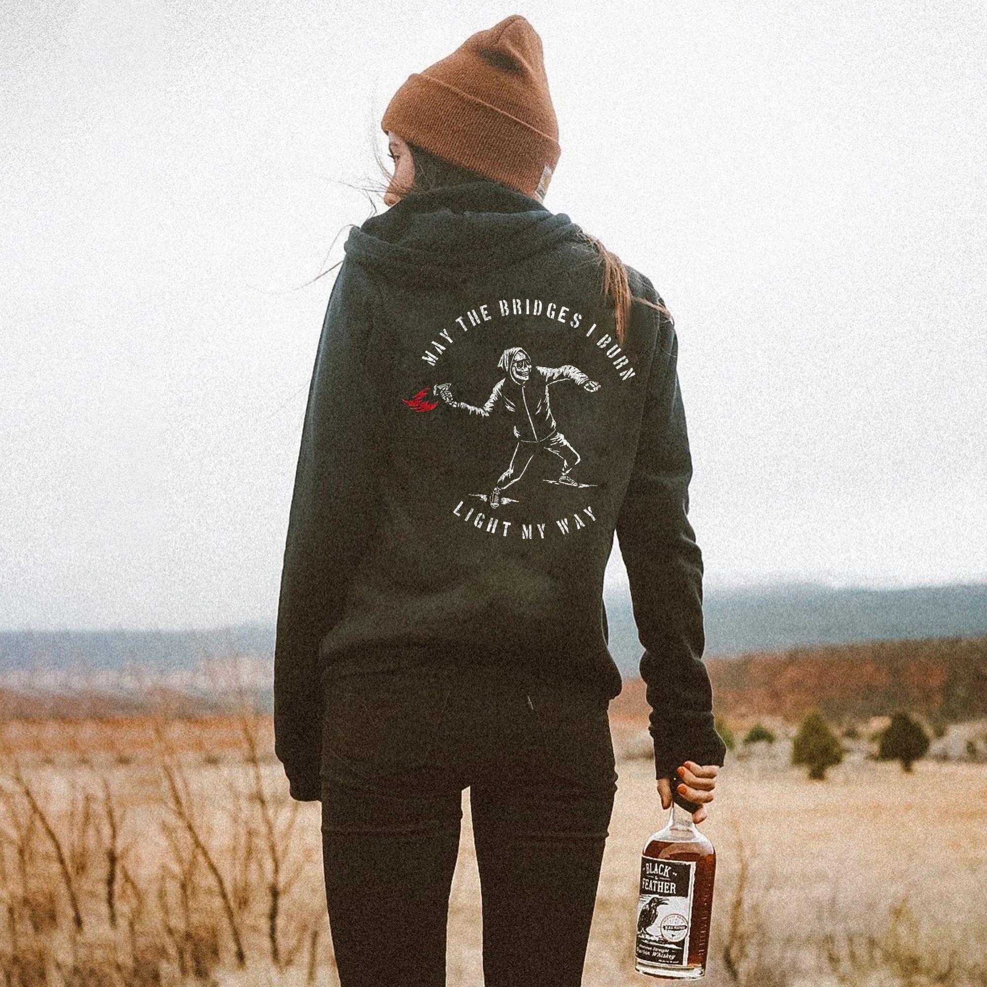 MAY THE BRIDGES I BURN LIGHT MY WAY LETTERS SKULL PRINTING WOMEN'S HOODIE