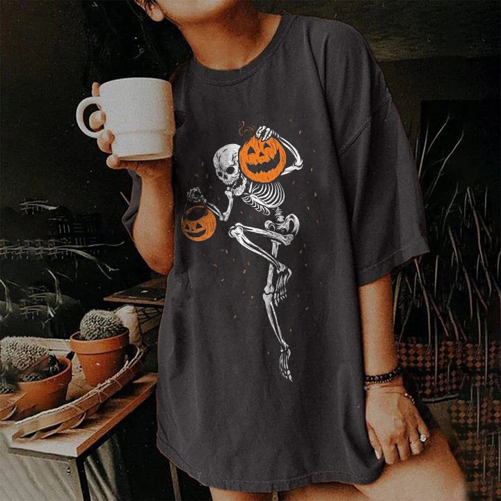 HAPPY HALLOWEEN PUMPKIN PRINT SKELETON T-SHIRT