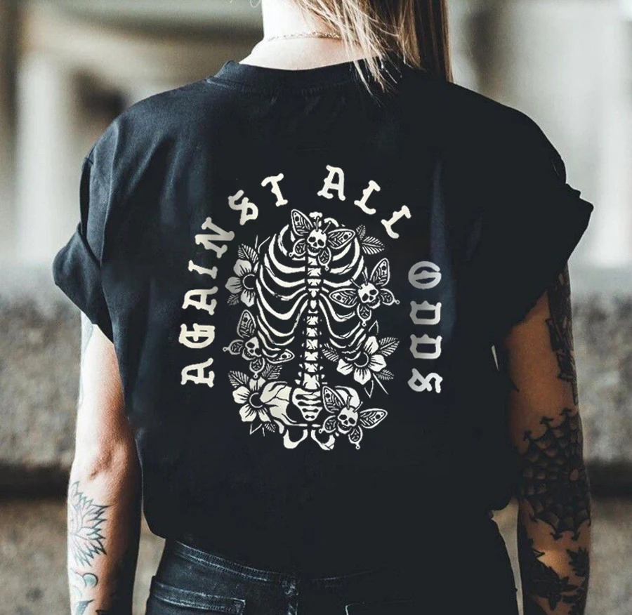 AGAINST ALL GODS SKULL AND BUTTERFLYS T-SHIRT