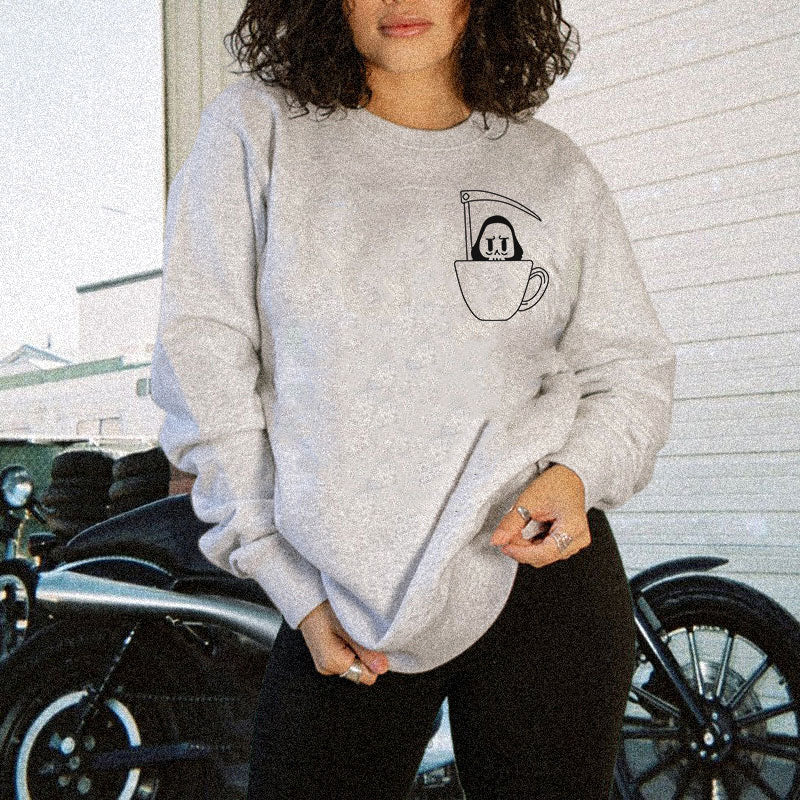 CUTE DEATH SITS IN A COFFEE CUP PRINTED WOMEN'S SWEATSHIRT