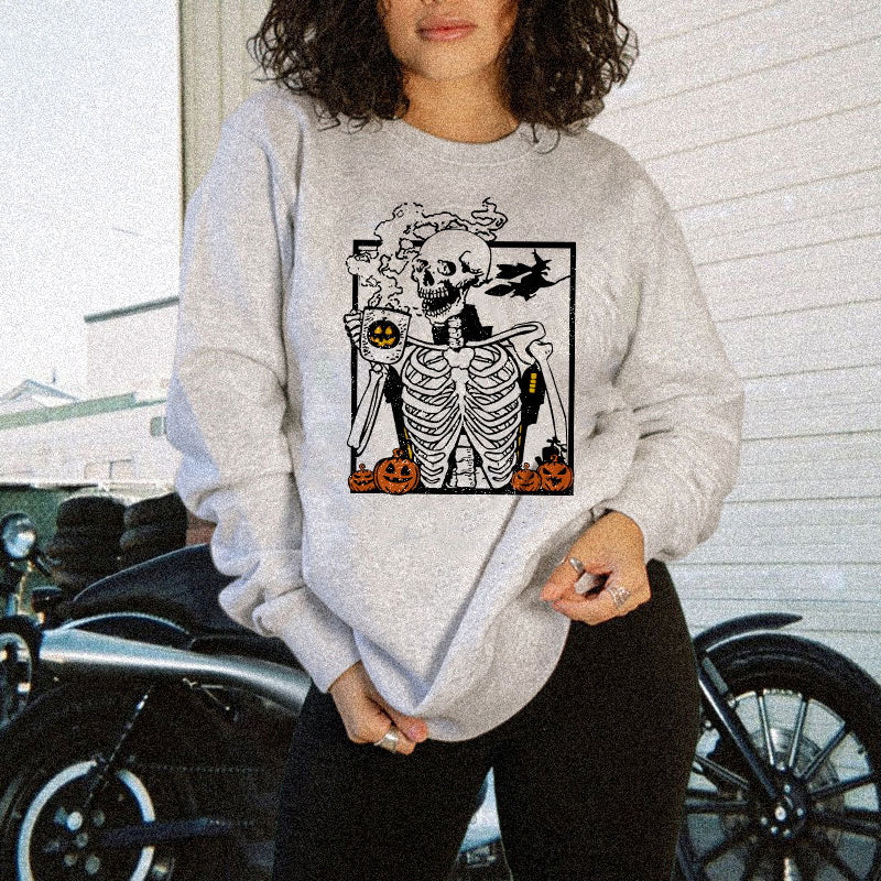 HALLOWEEN SKELETON DRINKING COFFEE PRINTED WOMEN SWEATSHIRT