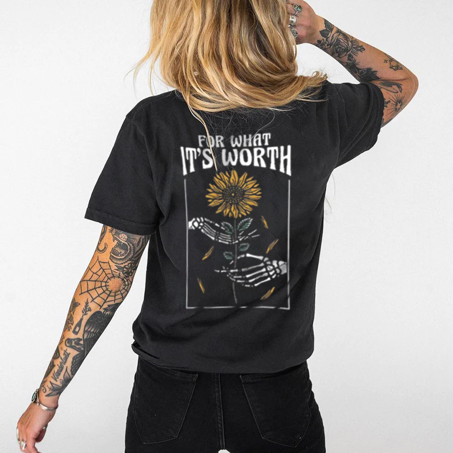 FOR WHAT IT'S WORTH SUNFLOWER AND SKULL HAND PRINTED T-SHIRT