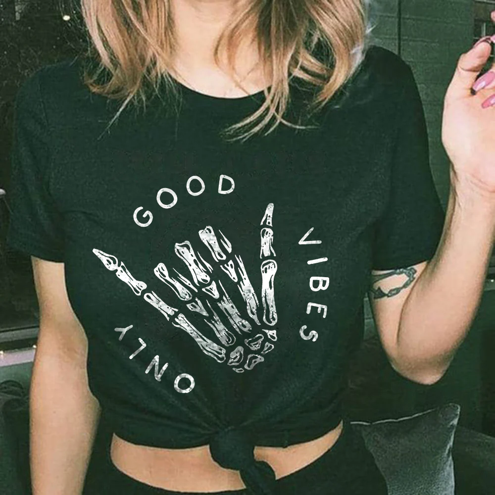 ONLY GOOD VIBES AND SKULL HAND PRINTED WOMEN'S T-SHIRT