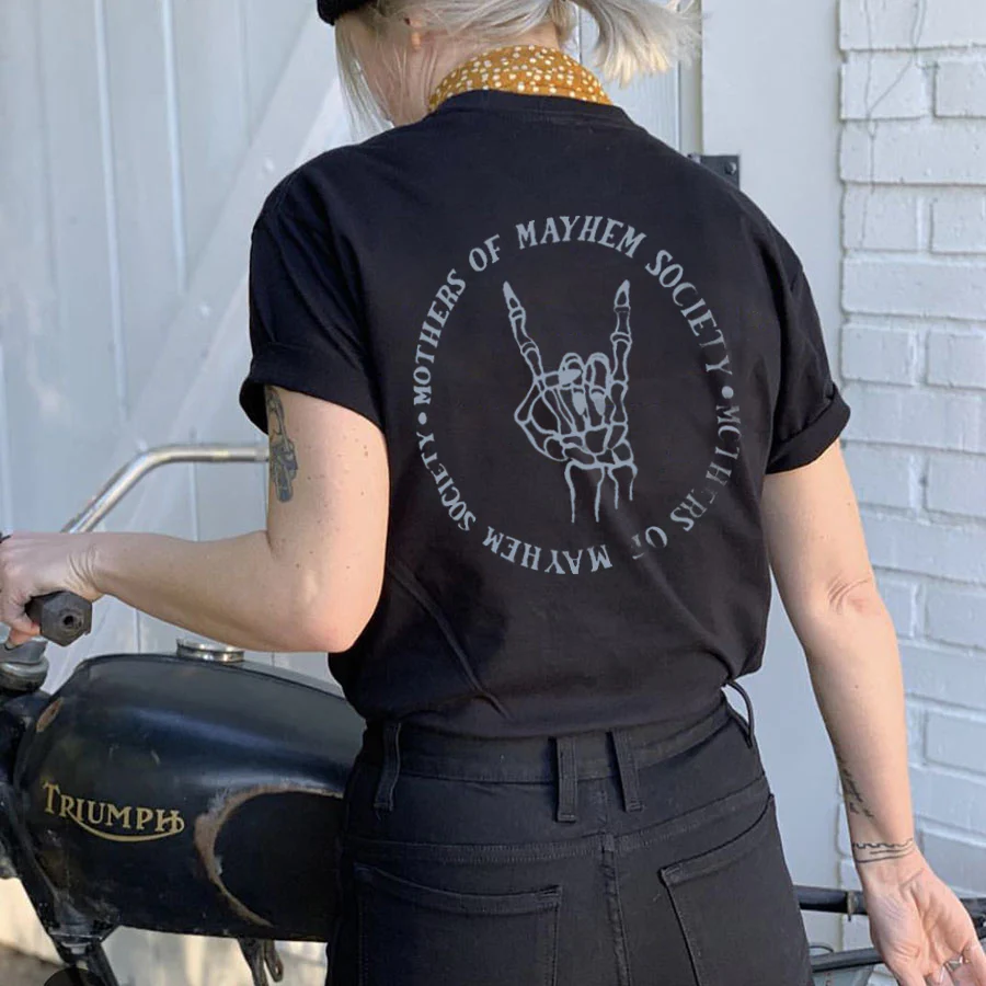 MOTHERS OF MAYHEM SOCIETY ROCK SKULL HAND PRINTED T-SHIRT