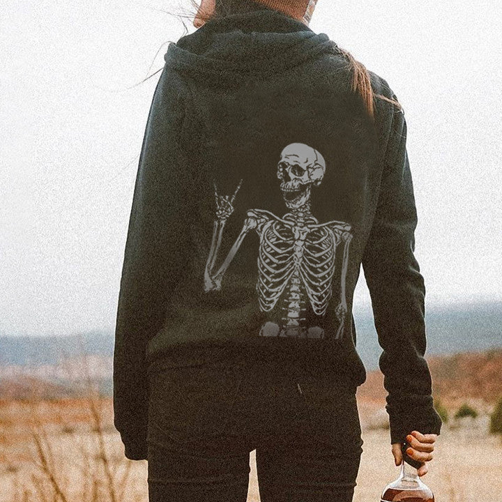 HAPPY SKELETON PRINTED CASUAL COMFORTABLE HOODIE