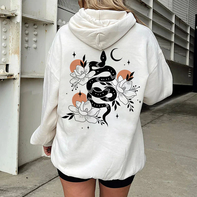 SNAKE MOON FLORAL PRINTED WOMEN'S HOODIE